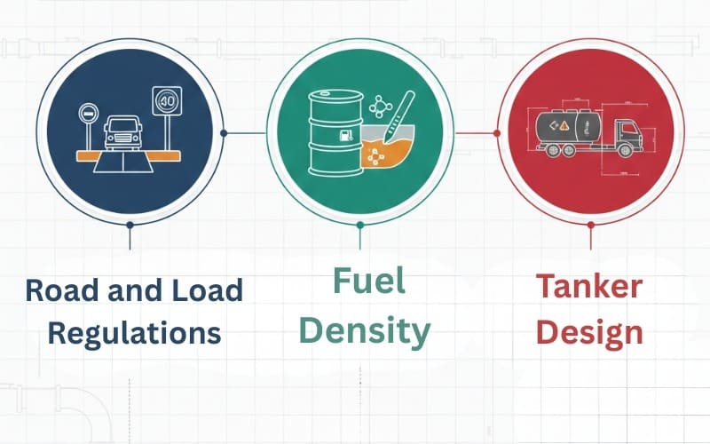 Diagram showing factors that affect fuel tanker truck capacity, including size, type, and regulations