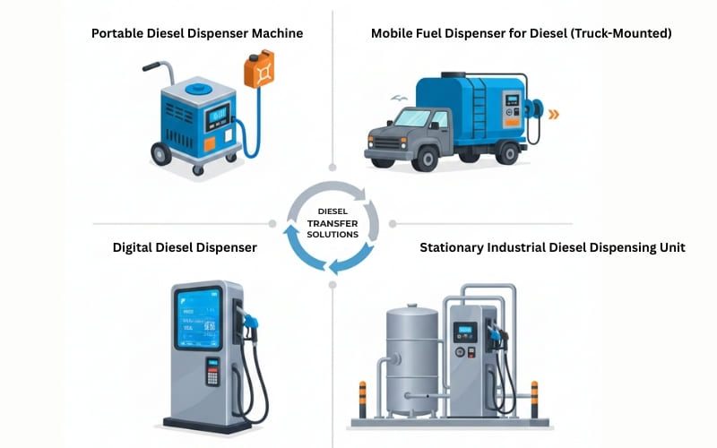 different types of diesel dispenser machines installed at modern fuel stations
