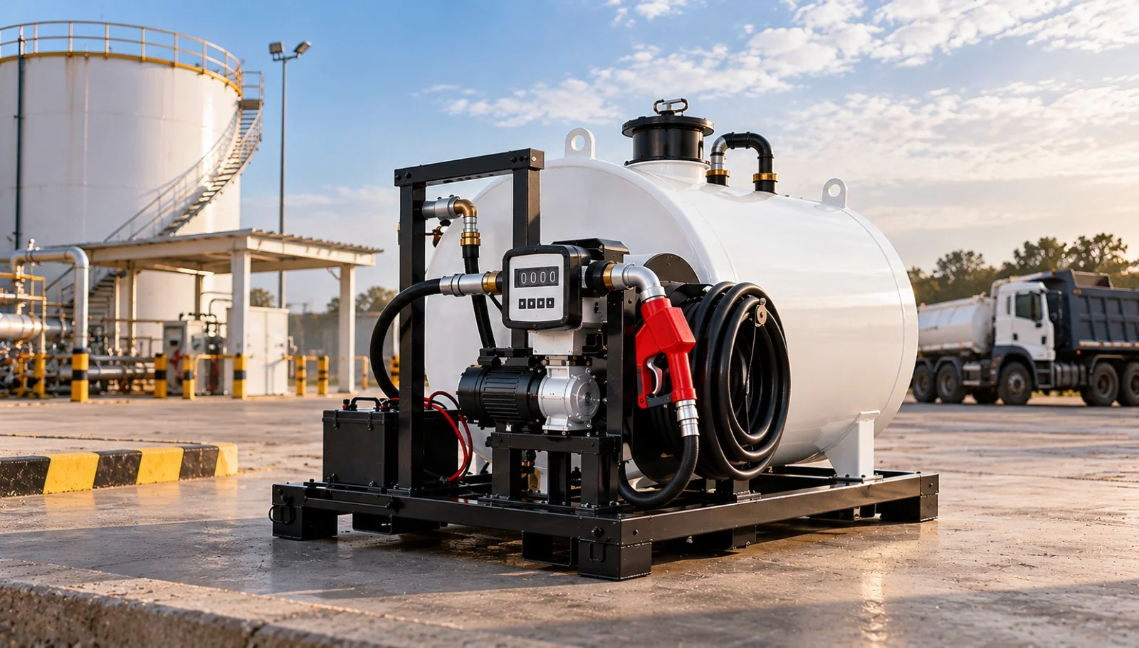 Portable fuel dispenser with storage tank and digital dispensing unit at an industrial site